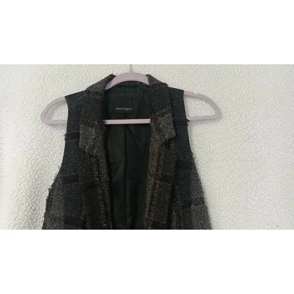 Nanette Lepore Open Front Plaid Shabby Chic Hobo Vest With Pockets Size 4 Gray